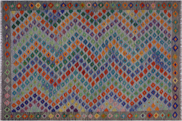 Flat Weave Kilim, Antique, Navaho, Vintage, Handmade, Modern Kilim Blue Gray Hand-Woven Rectangle 100% Wool Area Rug 6 x 8